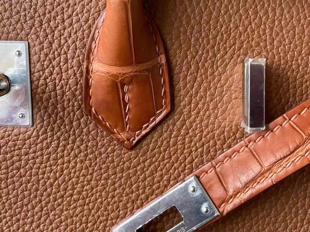 Hermès（爱马仕）Birkin Touch 金棕色 TOGO 拼 雾面美洲鳄 银扣 25cm