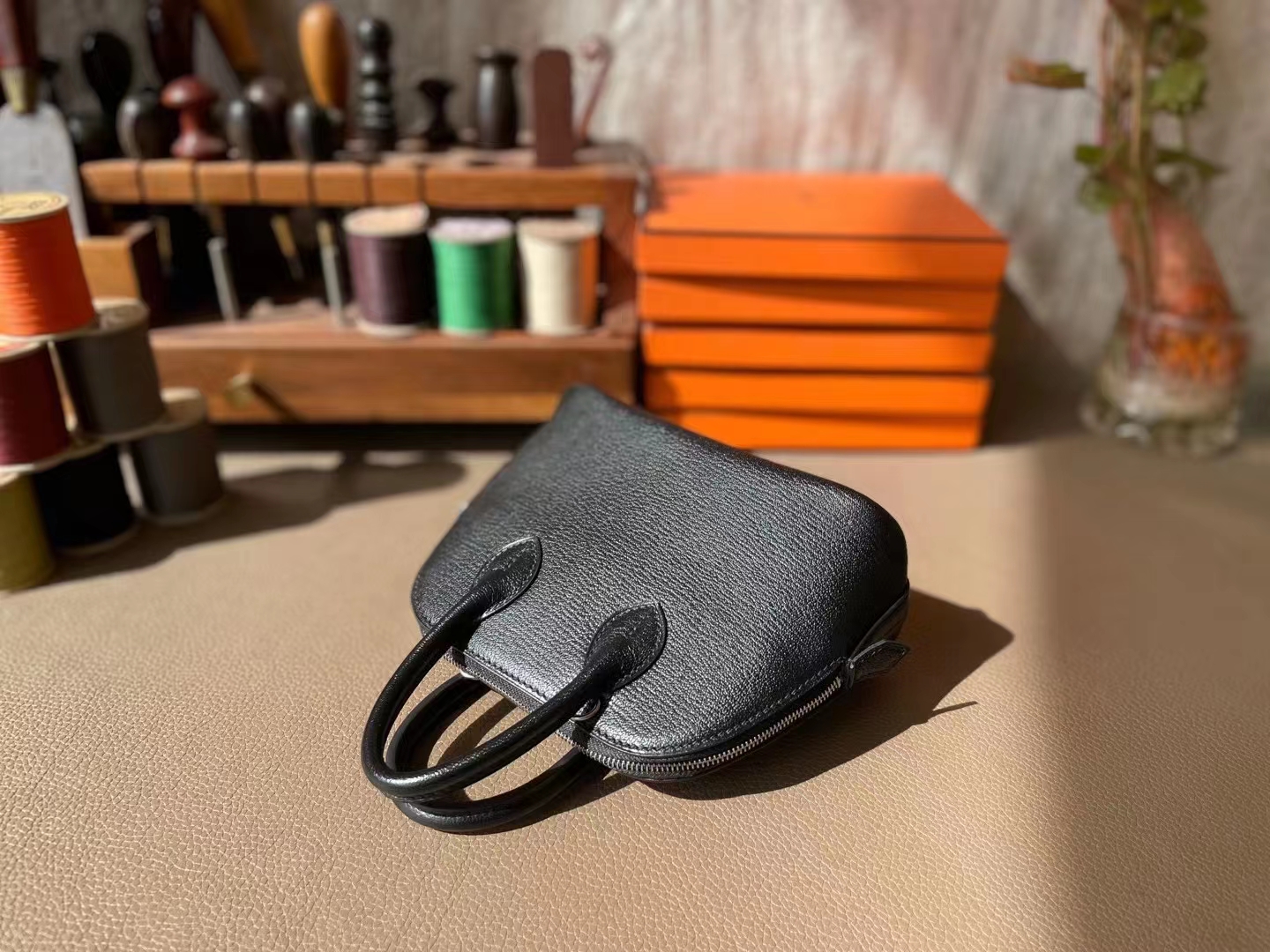 Hermès（爱马仕）mini bolide 迷你保龄球 黑色 山羊皮 银扣 18cm