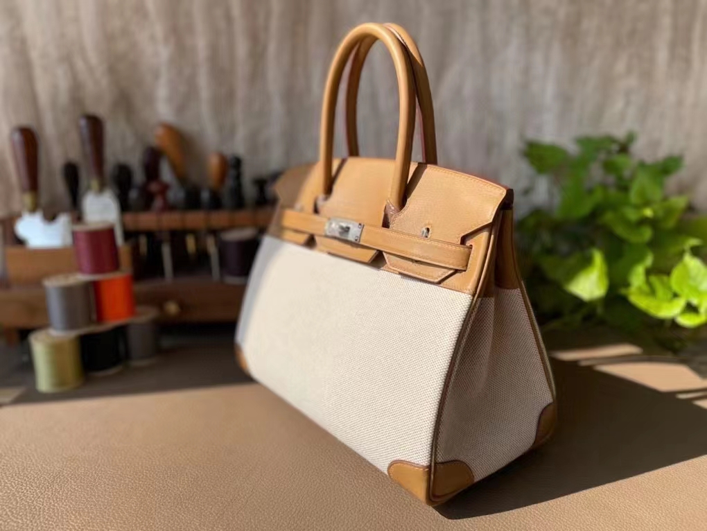 Hermès（爱马仕）Birkin 布丁 饼干色 拼 米白色 Swift 皮 拼 帆布 银扣 30cm