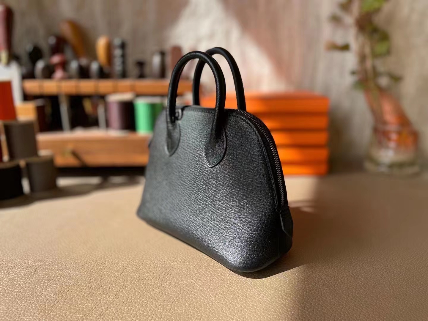 Hermès（爱马仕）mini bolide 迷你保龄球 黑色 山羊皮 银扣 18cm