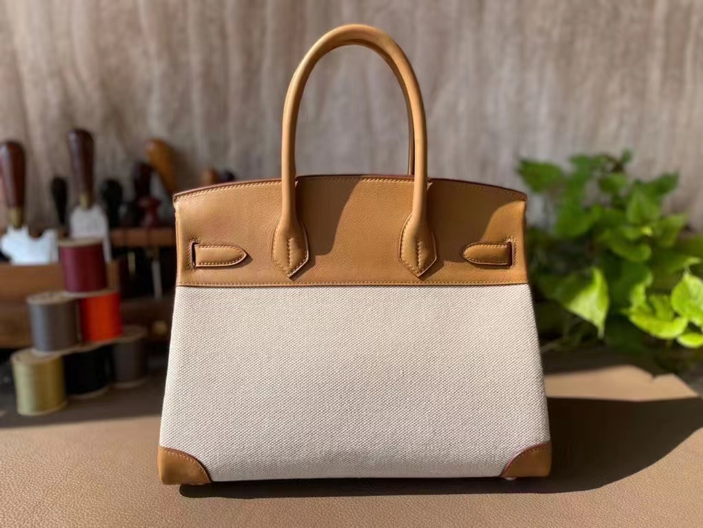 Hermès（爱马仕）Birkin 布丁 饼干色 拼 米白色 Swift 皮 拼 帆布 银扣 30cm