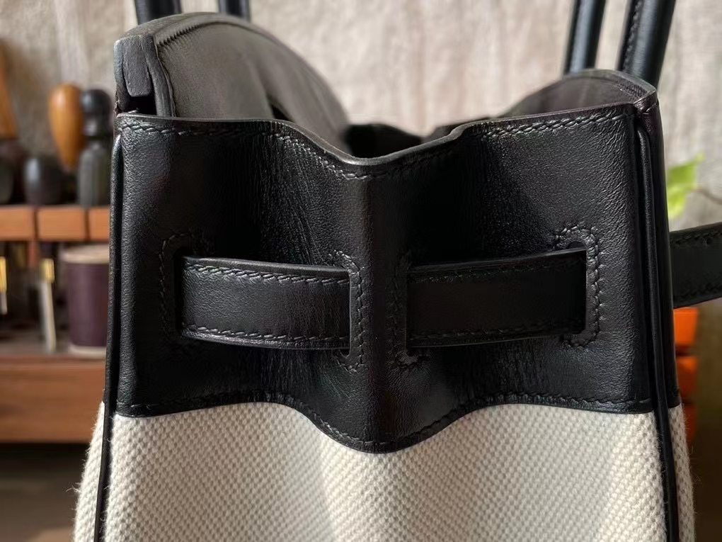 Hermès（爱马仕）Birkin 铂金包 布丁款 黑色 拼 米白 马鞍皮 拼 帆布 银扣 30cm