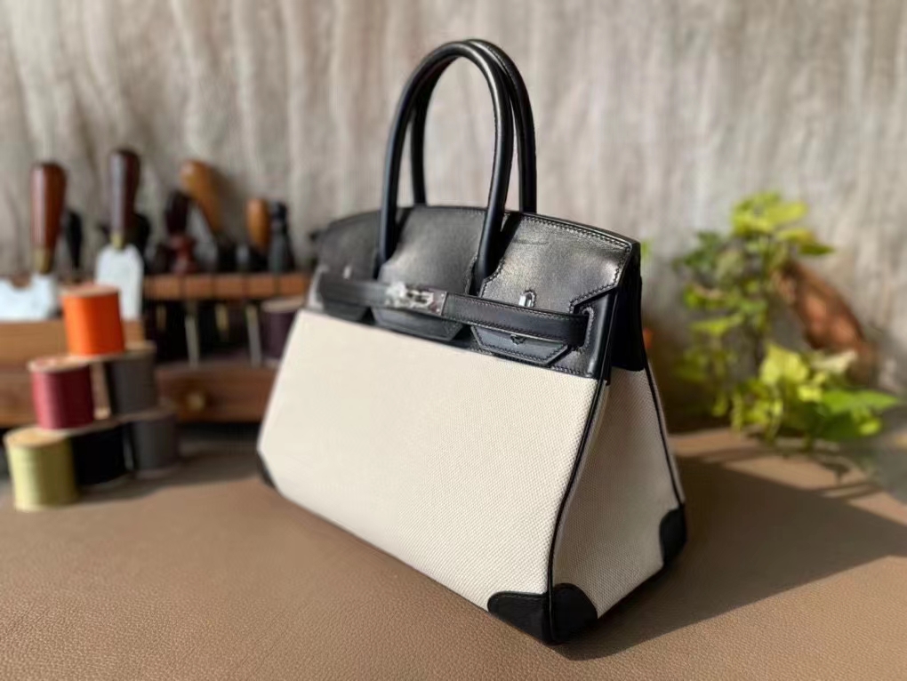 Hermès（爱马仕）Birkin 铂金包 布丁款 黑色 拼 米白 马鞍皮 拼 帆布 银扣 30cm