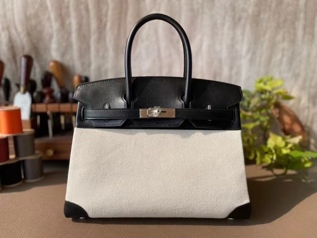 Hermès（爱马仕）Birkin 铂金包 布丁款 黑色 拼 米白 马鞍皮 拼 帆布 银扣 30cm