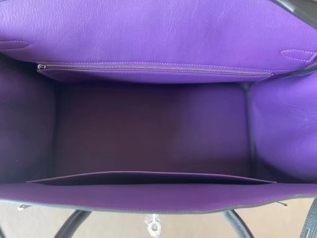 Hermès（爱马仕）Birkin 铂金包 黑色 内拼 梦幻紫 togo 顶级小牛皮 拉丝银扣 金扣 40cm