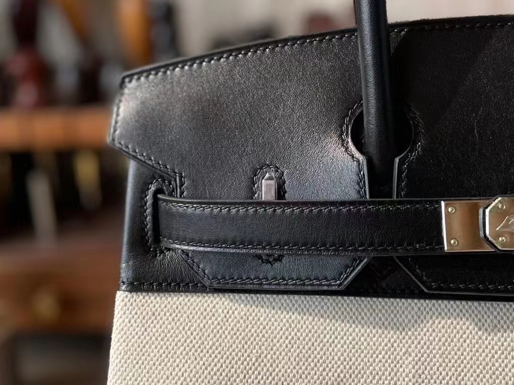 Hermès（爱马仕）Birkin 铂金包 布丁款 黑色 拼 米白 马鞍皮 拼 帆布 银扣 30cm
