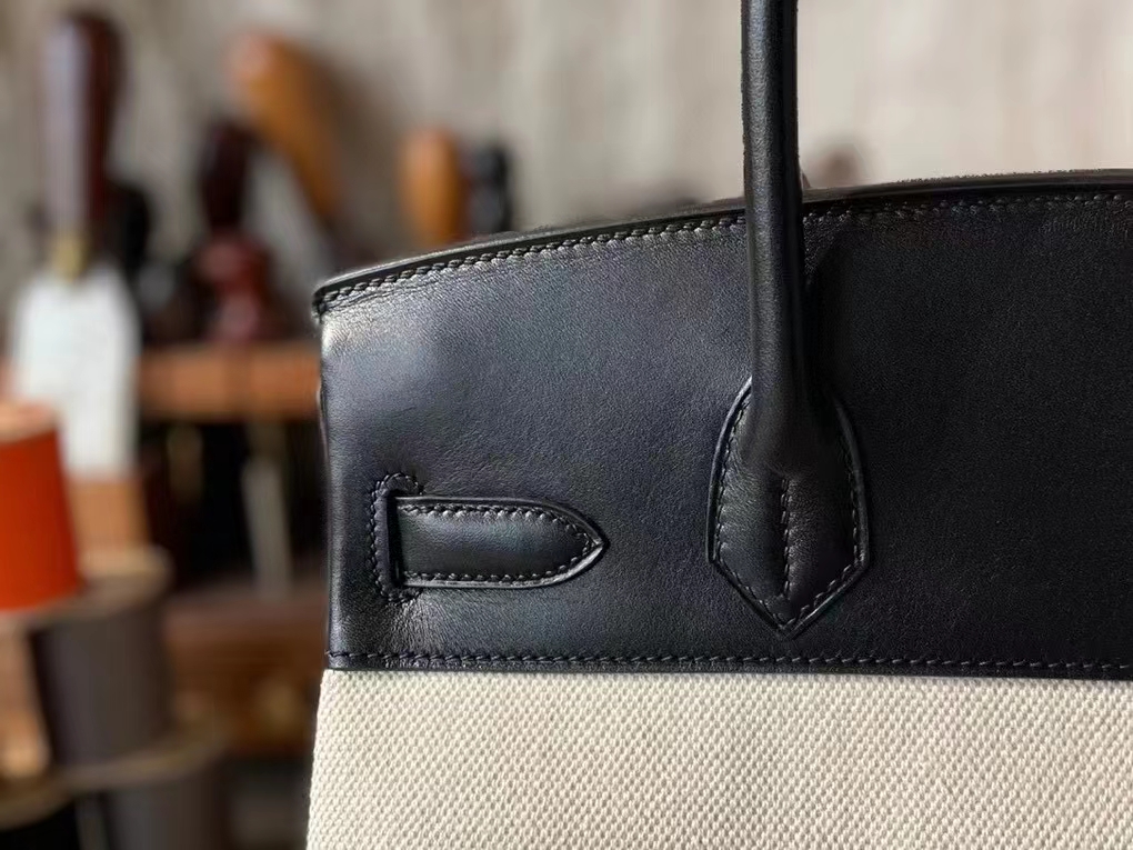 Hermès（爱马仕）Birkin 铂金包 布丁款 黑色 拼 米白 马鞍皮 拼 帆布 银扣 30cm