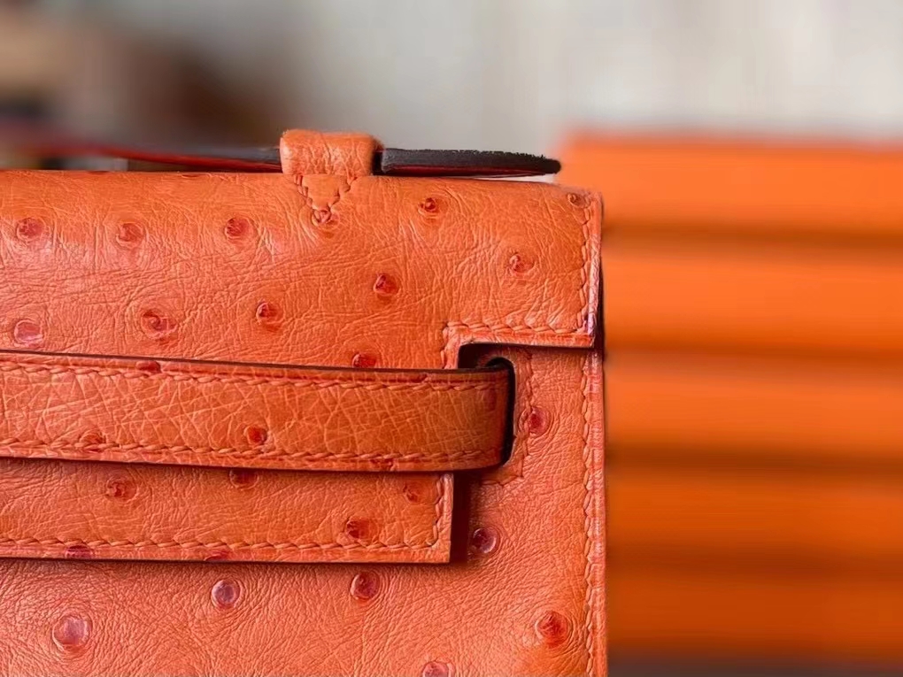 Hermès（爱马仕）mini kelly pochette 顶级鸵鸟皮 橙色 金扣 22cm 一代