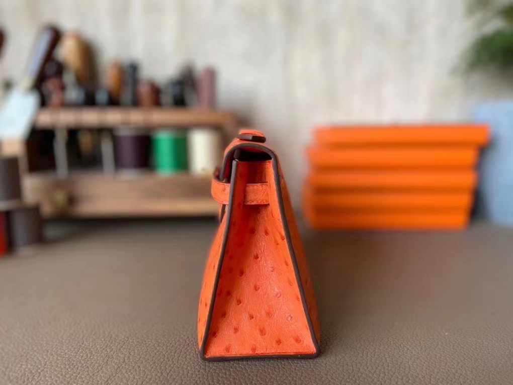 Hermès（爱马仕）mini kelly pochette 顶级鸵鸟皮 橙色 金扣 22cm 一代