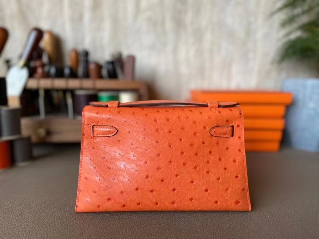 Hermès（爱马仕）mini kelly pochette 顶级鸵鸟皮 橙色 金扣 22cm 一代