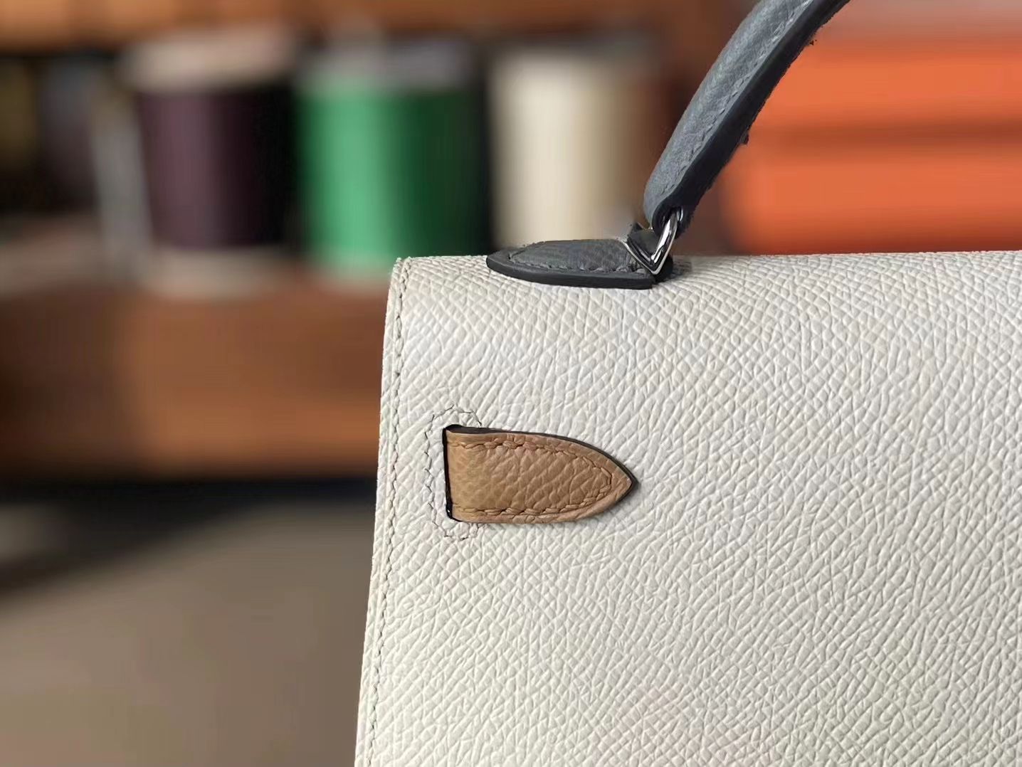 Hermès（爱马仕）Mini kelly 迷你凯莉 三拼色 奶油白 拼 奶茶色 拼 积雨云灰 Epsom 银扣 19cm 二代