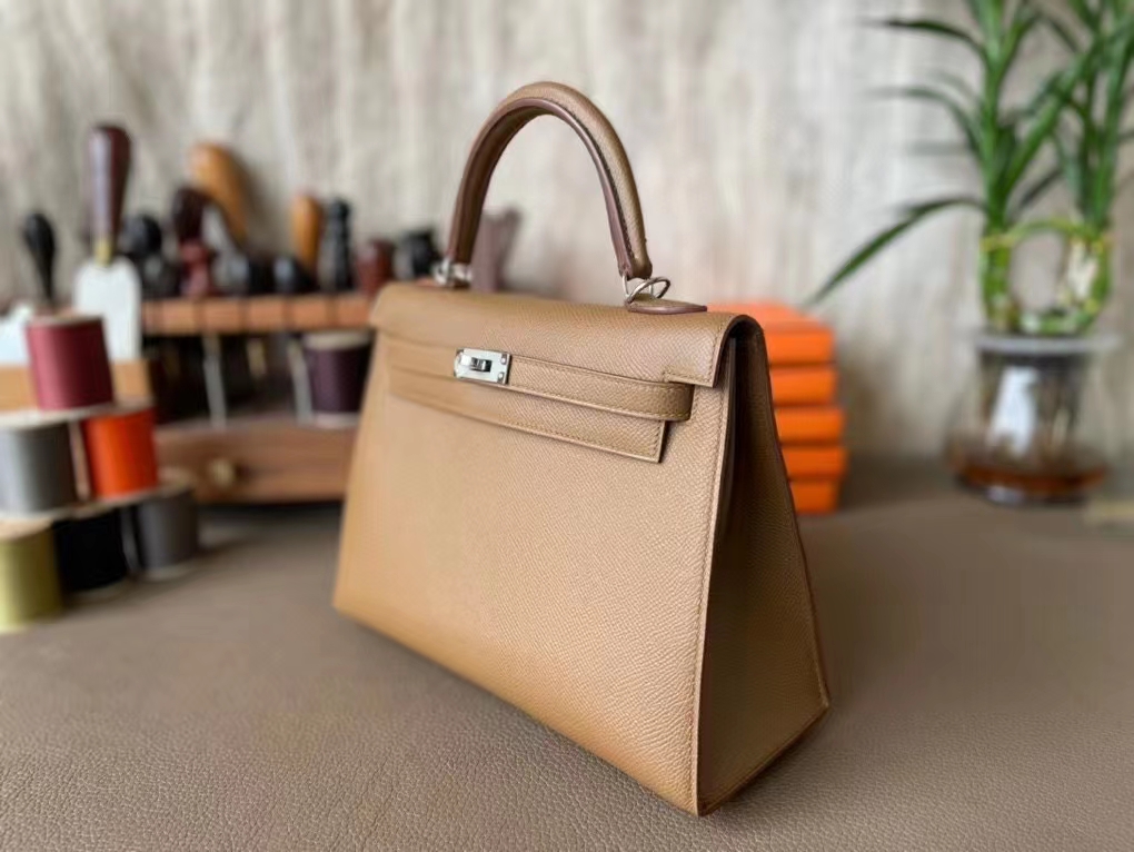 Hermès（爱马仕）Kelly 凯莉包 3G 栗子色 Epsom 掌纹皮 银扣 25cm