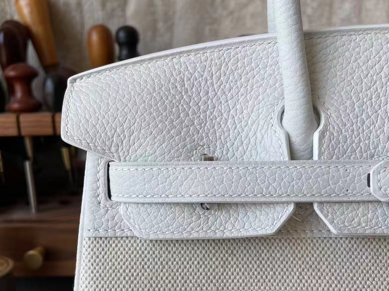 Hermès（爱马仕）Birkin 铂金包 补丁包 纯白 拼 奶昔白 TOGO 顶级小牛皮 拼 帆布 银扣 25cm