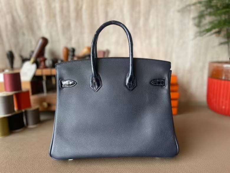 Hermès（爱马仕）Birkin 铂金包 Touch 午夜蓝 EC皮 拼 亮面美洲鳄鱼皮 银扣 25cm