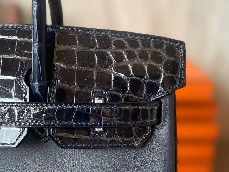 Hermès（爱马仕）Birkin 铂金包 Touch 午夜蓝 EC皮 拼 亮面美洲鳄鱼皮 银扣 25cm