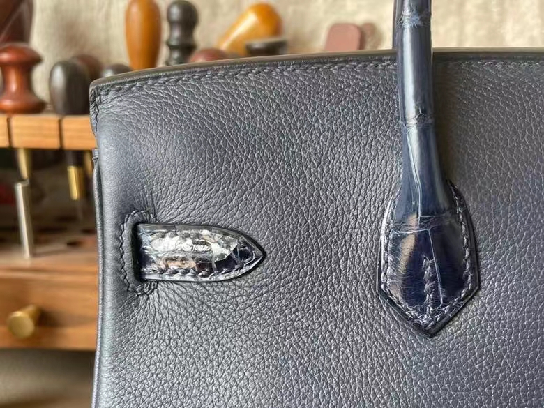 Hermès（爱马仕）Birkin 铂金包 Touch 午夜蓝 EC皮 拼 亮面美洲鳄鱼皮 银扣 25cm