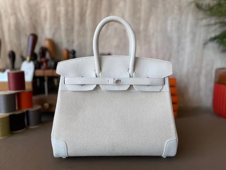 Hermès（爱马仕）Birkin 铂金包 补丁包 纯白 拼 奶昔白 TOGO 顶级小牛皮 拼 帆布 银扣 25cm
