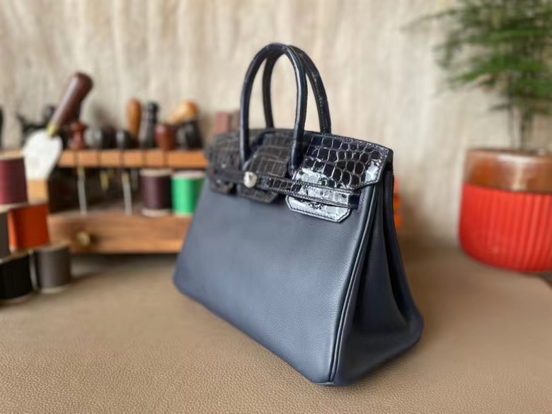 Hermès（爱马仕）Birkin 铂金包 Touch 午夜蓝 EC皮 拼 亮面美洲鳄鱼皮 银扣 25cm