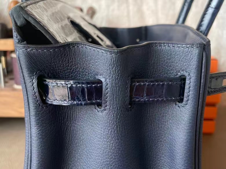 Hermès（爱马仕）Birkin 铂金包 Touch 午夜蓝 EC皮 拼 亮面美洲鳄鱼皮 银扣 25cm