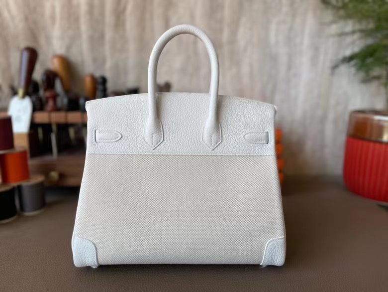 Hermès（爱马仕）Birkin 铂金包 补丁包 纯白 拼 奶昔白 TOGO 顶级小牛皮 拼 帆布 银扣 25cm