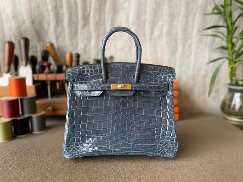 Hermès（爱马仕）Birkin 铂金包 亮面尼罗鳄鱼皮 风暴蓝 金扣 25cm 全手工蜡线缝制