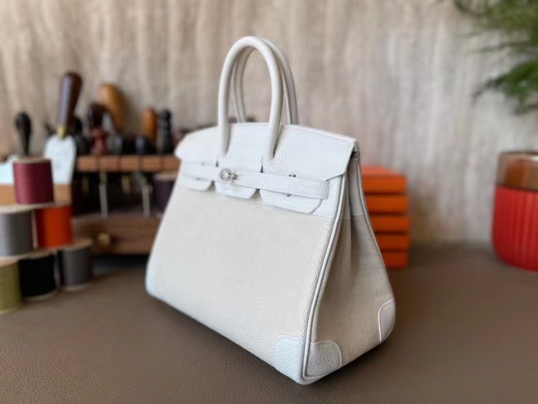 Hermès（爱马仕）Birkin 铂金包 补丁包 纯白 拼 奶昔白 TOGO 顶级小牛皮 拼 帆布 银扣 25cm
