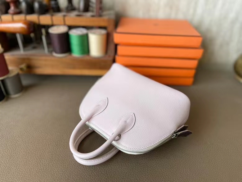 Hermès（爱马仕）Mini Bolide 保龄球包 evercolor皮 09 梦幻粉 拼 蘑菇白 拼 马鞍红 银扣 19cm