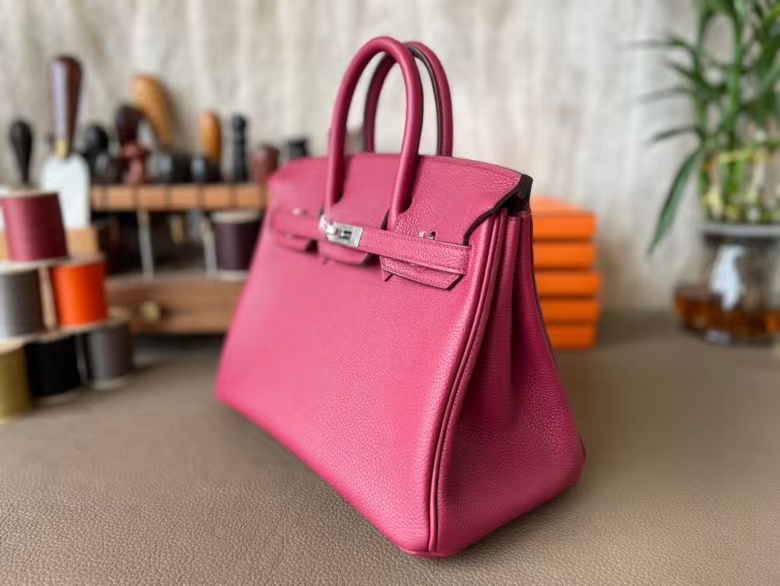 Hermès（爱马仕）Birkin 铂金包 Togo 顶级小牛皮 石榴红 银扣 25cm 全手工蜡线缝制