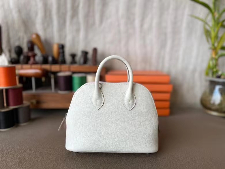 Hermès（爱马仕）Mini Bolide 保龄球包 evercolor皮 0t 蘑菇白 拼 09 梦幻粉 拼 金棕色 银扣 19cm