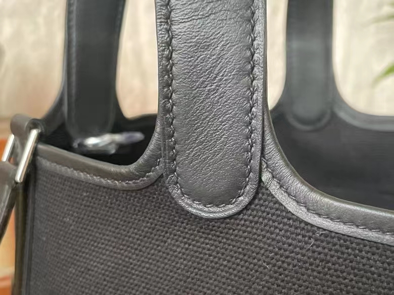 Hermès（爱马仕）Picotin 菜篮子 cargo 帆布 拼 Swfit皮 黑色 银扣 18cm