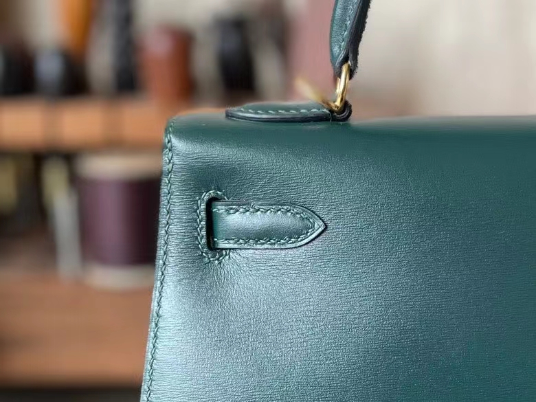 Hermès（爱马仕）Kelly 凯莉包 Box皮 英国绿 金扣 25cm 全手工蜡线缝制