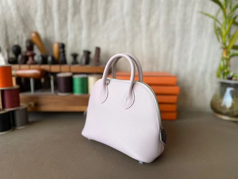Hermès（爱马仕）Mini Bolide 保龄球包 evercolor皮 09 梦幻粉 拼 蘑菇白 拼 马鞍红 银扣 19cm