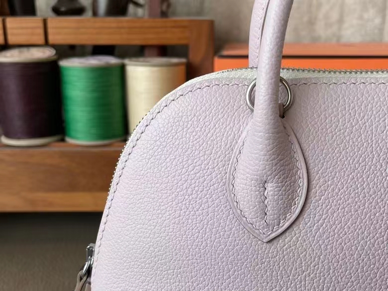 Hermès（爱马仕）Mini Bolide 保龄球包 evercolor皮 09 梦幻粉 拼 蘑菇白 拼 马鞍红 银扣 19cm
