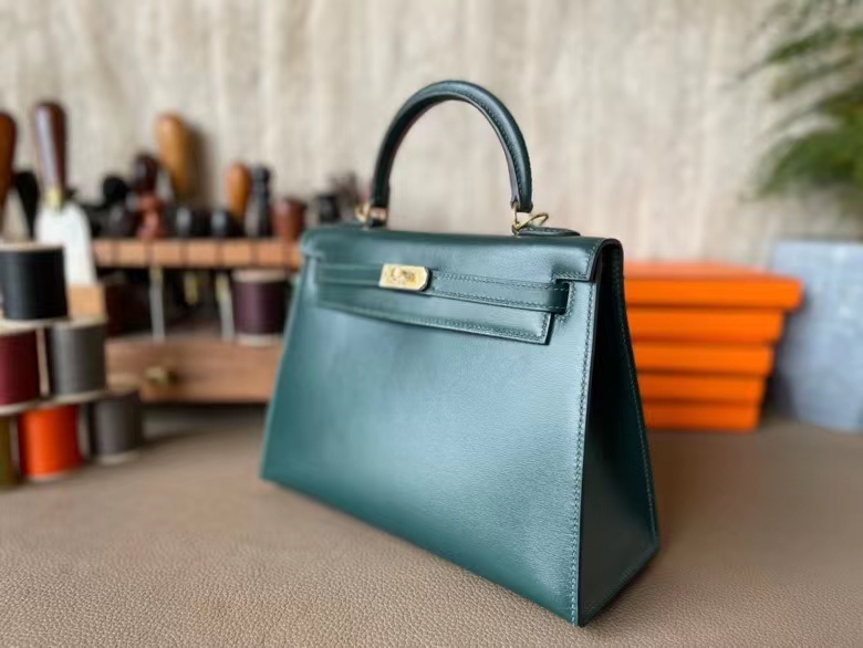 Hermès（爱马仕）Kelly 凯莉包 Box皮 英国绿 金扣 25cm 全手工蜡线缝制