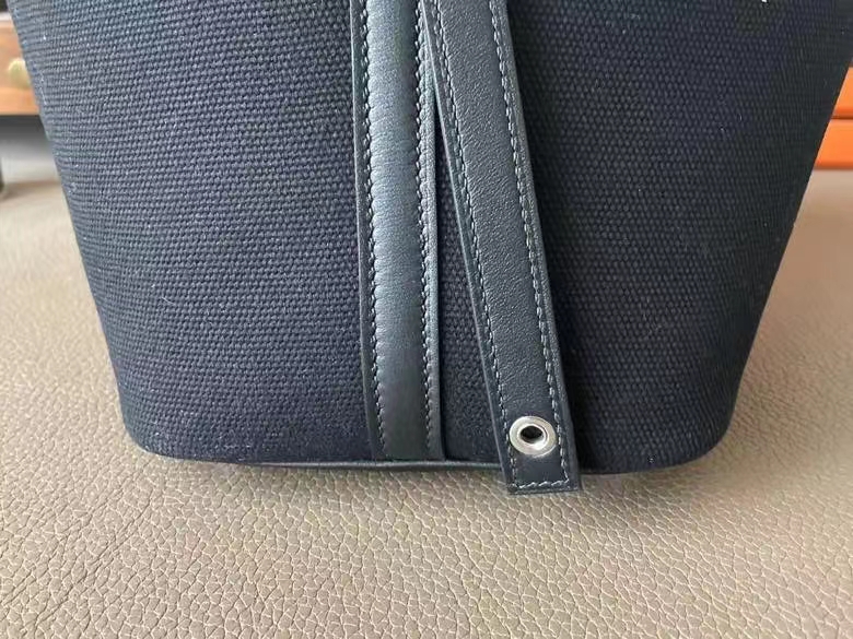 Hermès（爱马仕）Picotin 菜篮子 cargo 帆布 拼 Swfit皮 黑色 银扣 18cm