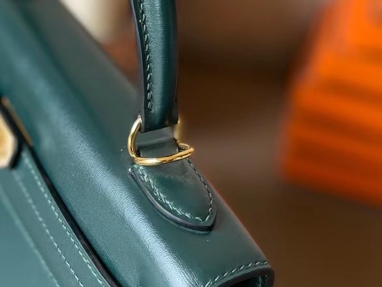 Hermès（爱马仕）Kelly 凯莉包 Box皮 英国绿 金扣 25cm 全手工蜡线缝制
