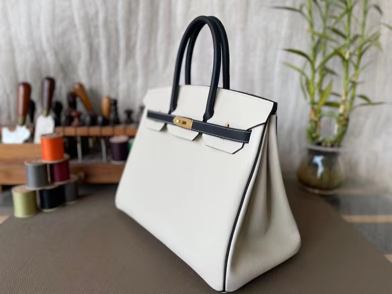 Hermès（爱马仕）Birkin 铂金包 Togo 顶级小牛皮 奶昔白 拼 黑色 金扣 35cm
